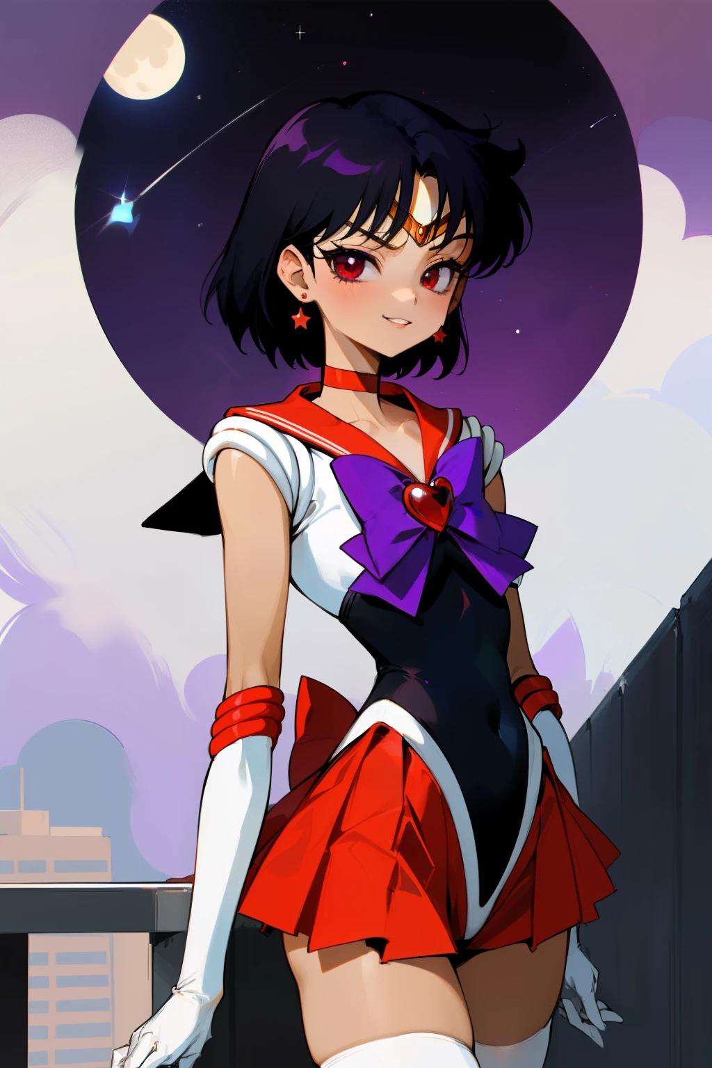 masterpiece, best quality, 1girl, solo, facing viewer, (art by Naoko Takeuchi), rooftop, skyline, night, fog, starry sky, full moon, bishoujo senshi sailor moon BREAK EPsmSailorMars, red eyes, half-closed eyes, evil face, smirk, parted lips, dark skin, purple hair, short hair, full makeup, black eyeshadow, red lipstick, mascara , bow, bowtie, purple bow, purple bowtie, breasts, brooch, choker, elbow gloves, gem, gloves, heart, heart brooch,jewelry,red bow, red choker, red gemstone, red sailor collar, shirt, short sleeves, star (symbol), star choker, black gloves, black leotard, black shirt BREAK leotard,ultra miniskirt, pleated skirt, red skirt, thighhighs