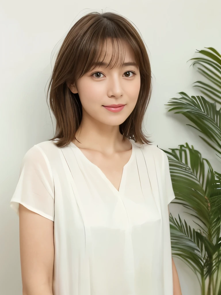 Short sleeve、Japanese woman in her 30s、(White wall in the background、brownish hair color)、Photographed in front of a white wall、Layered Cut、Very delicate hair、(In a room with white walls and windows)、((Highest quality、8K、masterpiece:1.3))、Ultra-high resolution、(photoGenuineistic:1.4)、RAW Photos、Japanese,(detailed aspects)、Genuine、Photographed in natural light、Highly detailed face and skin texture、Highly detailed lips、The correct state of the human body、Medium Hair、Brown Hair、Various poses、Natural color lip