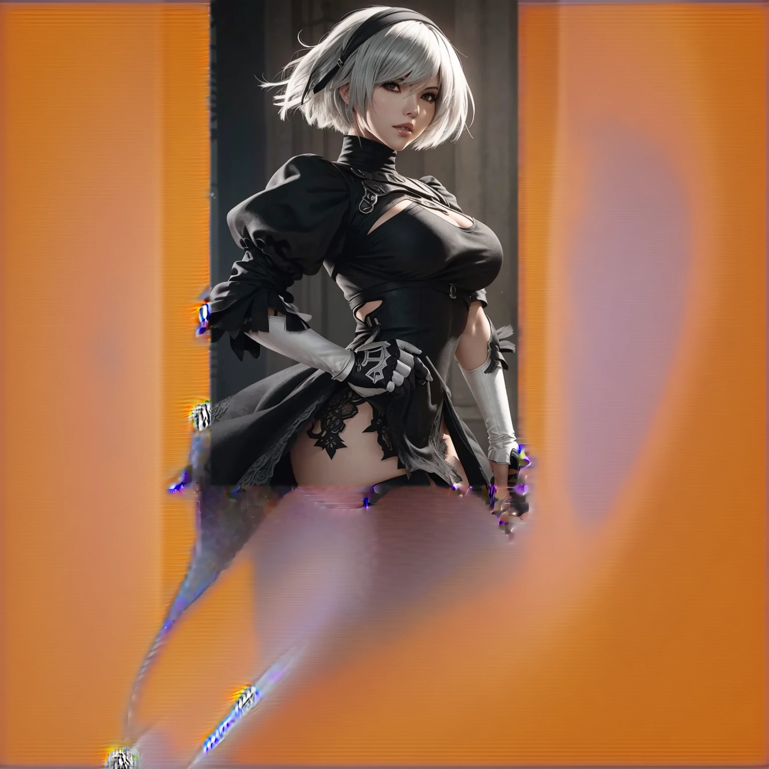 Close-up of a woman in a black dress and black stockings、ニーアオートマタの2b、2b、2b、ニーアオートマタの2b、2bニーアオートマタ、Beautiful seductive anime woman、Enchanting anime girl、Beautiful anime girl squatting、Young J、Highly detailed art gallery、8K high quality detailed art