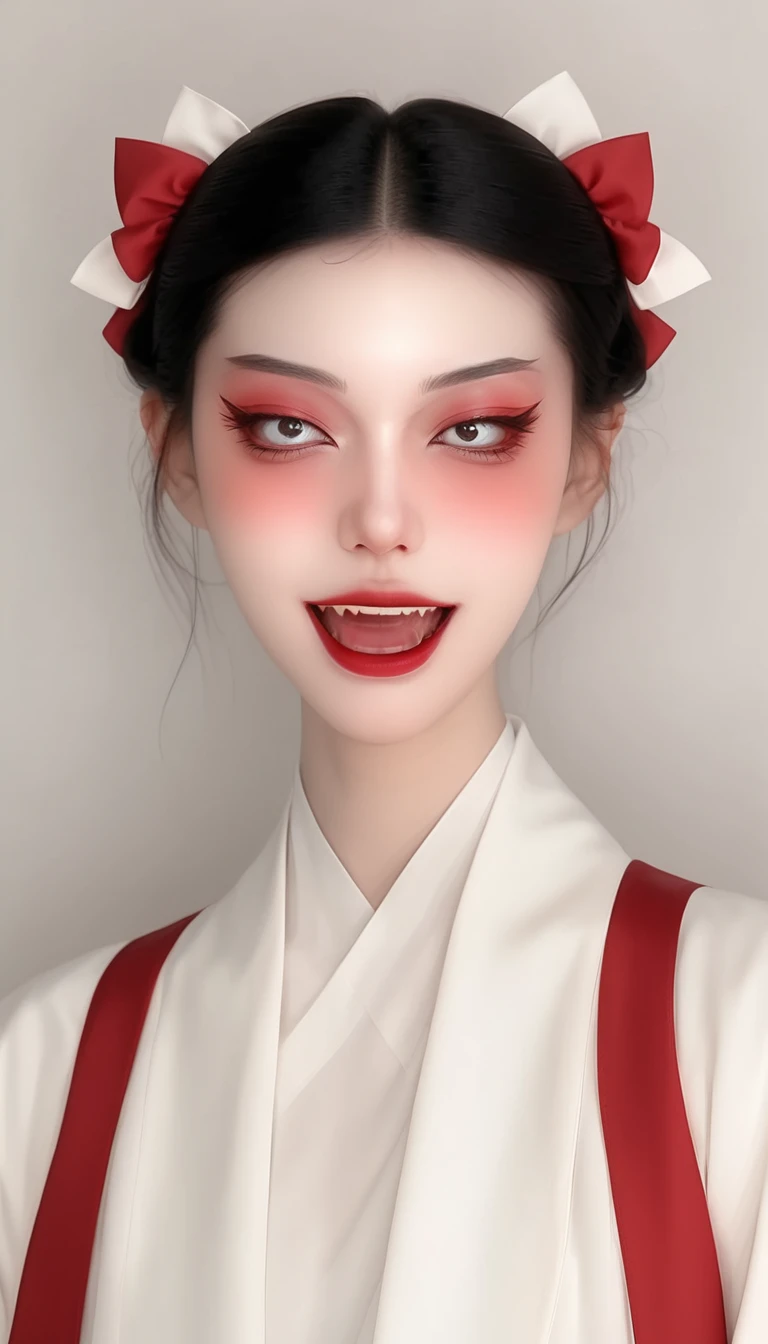 A beautiful vampire girl with fangs in red and white in the style of Hsiao Ron Cheng, cute cartoon character, minimalistic, simple design with a white background and simple colors in pastel tones with soft light and subtle shadows, sharp focus and high resolution.