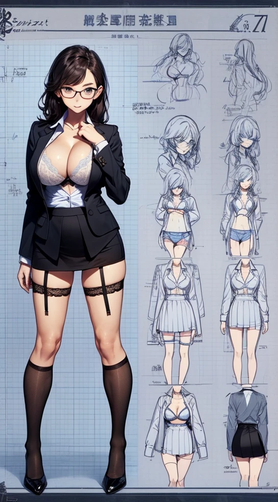 girl, alone, whole body, From head to toe, Are standing, (Huge Saggy Tits:1.3),
Character design sheet, Character Reference Sheet, 設計図のSchematic, Drafting, Blueprint, Schematic,
((Character design sheet:1.7, Character Reference Sheet:1.7,)),
anime/cartoon character wearing a girls , 1girl, alone, ,Mature Woman,Cleavage,Long sleeve,Collared shirt,White shirt,,(Tight Skirt),((garter belt)),(High heels),Skirt Suit,mini skirt,office lady,Long Hair, bow, , (Very short skirt:1.4), (lingerie:1.5),secretary,Thin glasses, (In underwear:1.8),nsfw,Full nudity、