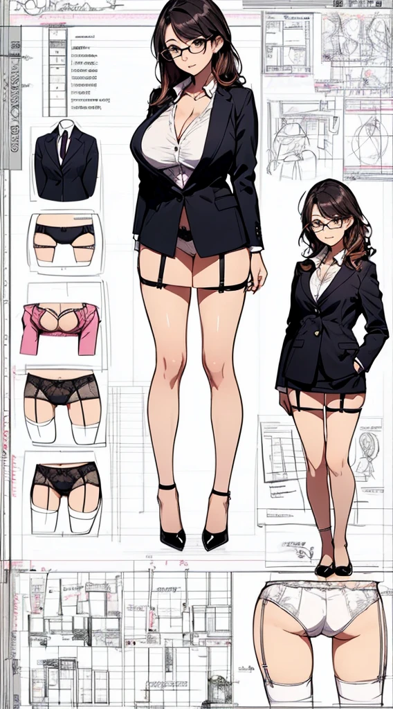 girl, alone, whole body, From head to toe, Are standing, (Huge Saggy Tits:1.3),

Character design sheet, Character Reference Sheet, 設計図のSchematic, Drafting, Blueprint, Schematic,
((Character design sheet:1.7, Character Reference Sheet:1.7,)),

anime/cartoon character wearing a girls , 1girl, alone, ,Mature Woman,Cleavage,Long sleeve,Collared shirt,White shirt,,(Tight Skirt),((garter belt)),(High heels),Skirt Suit,mini skirt,office lady,Long Hair, bow, ,  (Very short skirt:1.4), (lingerie:1.5),secretary,Thin glasses, (In underwear:1.8),nsfw,Full nudity、