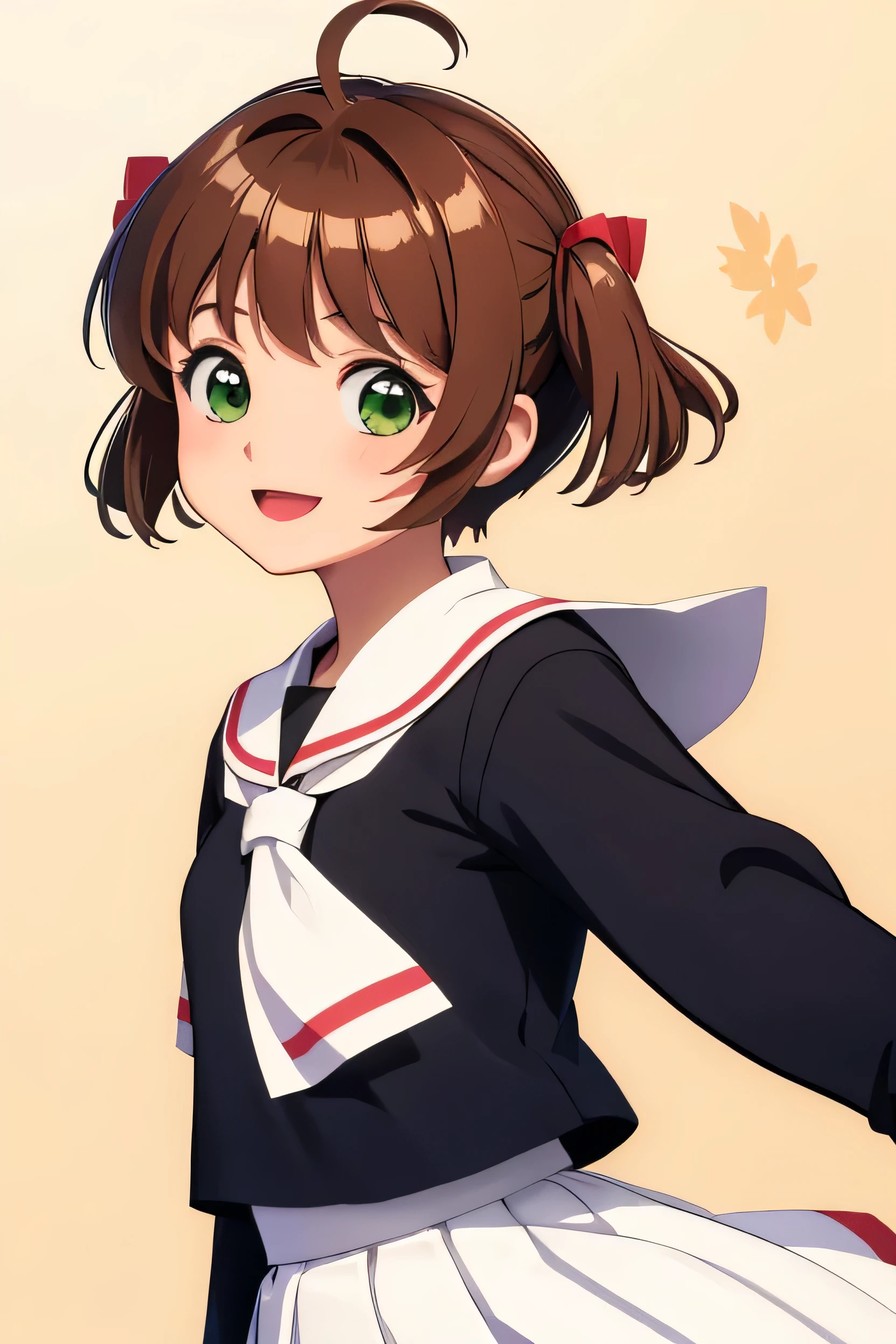 masterpiece、Best Quality、1 female、Sakura Kinomoto、Antenna Hair、Brown Hair、short hair、Twin tails、Green Eyes、Black Shirt、Long sleeve、neckerchief、Sailor collar、、Serafuku、White Skirt、Tomoeda  、 smile、Upper Body、solo、looking at the camera、Simple Background 