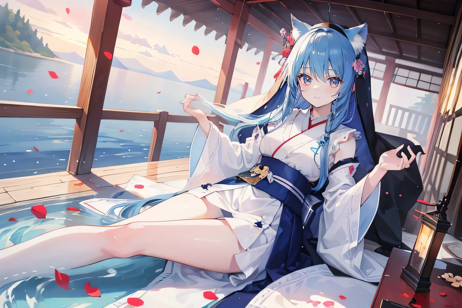 (masterpiece:1.2),Super detailed,lifelike,Expressive eyes,fair skin,perfect face shape,1 girl,
Japanese comics,Gorgeous blue hair,flowing blue hair,flowing clothes,Cat ears,Petals fall,beautiful lola,Baby Angel,
Shaking head with one hand,Cross your legs,,The pavilion is cool and comfortable,smile,back views,sunrise,Petals fall, winter,lie on the water,Nun's Clothes,stately church。