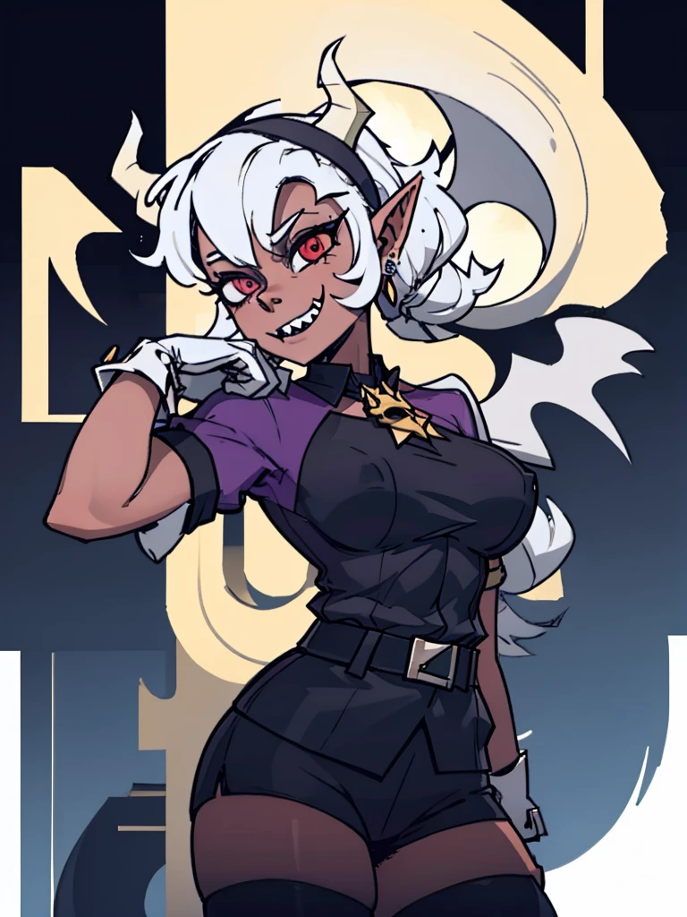 Elfa gato linda surreal, cabelos muito ruivos e detalhados, rosto detalhado, grandes chifres de demonio, gorda, corpo inteiro, grandes olhos, nariz longos e pontudos, colettetrixie, sharp teeth, hair over one eye, hairband, demon horns, colored sclera, purple shirt, purple shorts, demon wings, frieren, 1girl, long hair, pointy ears, twintails, jewelry, elf, earrings, capelet, white capelet, long sleeves, parted bangs, dress, belt, flower, pomni, gloves, puffy short sleeves, red eyes and blue eyes, striped, very big tits, very very big ass, 8k