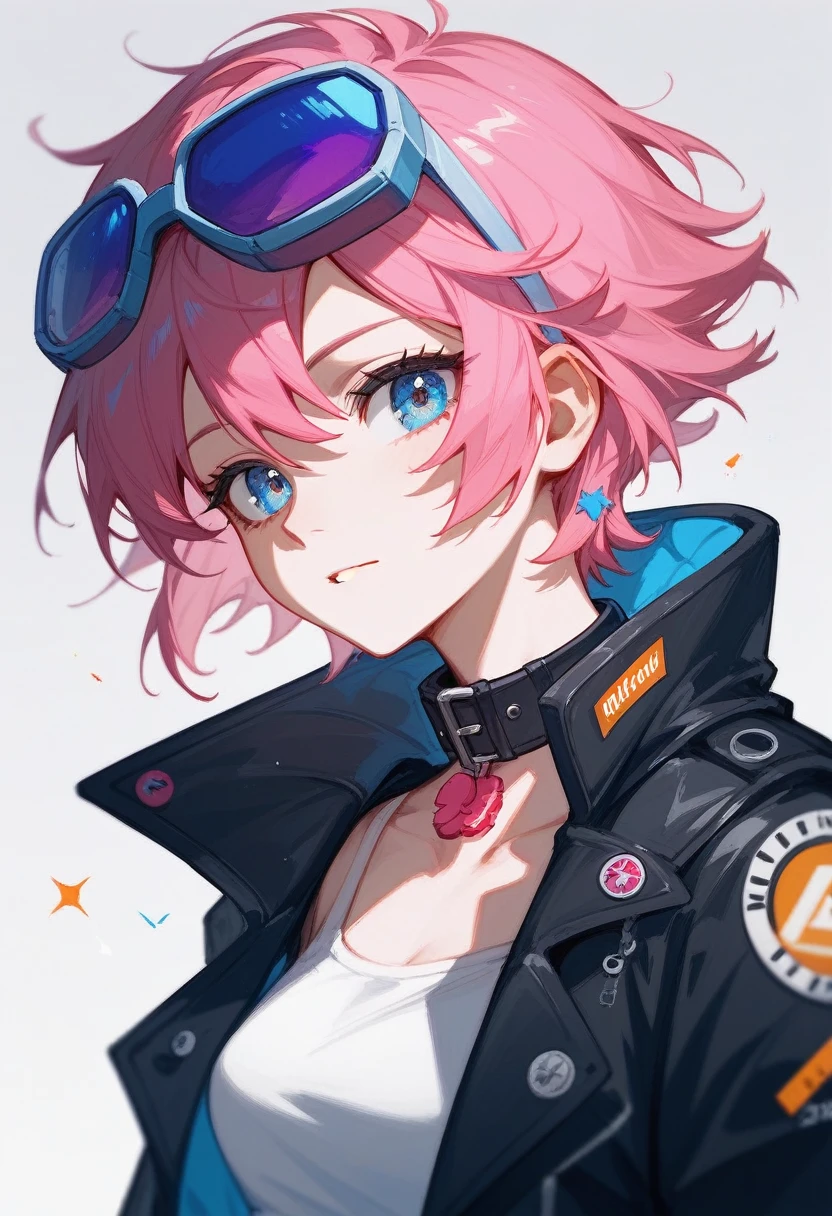 (Fraction_9,Fraction_8_Direction_7_up),1 Woman,Half Body,Pink Hair、short hair,Black coat、White top,Denim shorts,Large bow on the head,官方Role艺术, Role, mechanized valkyrie girl,Neck collar,