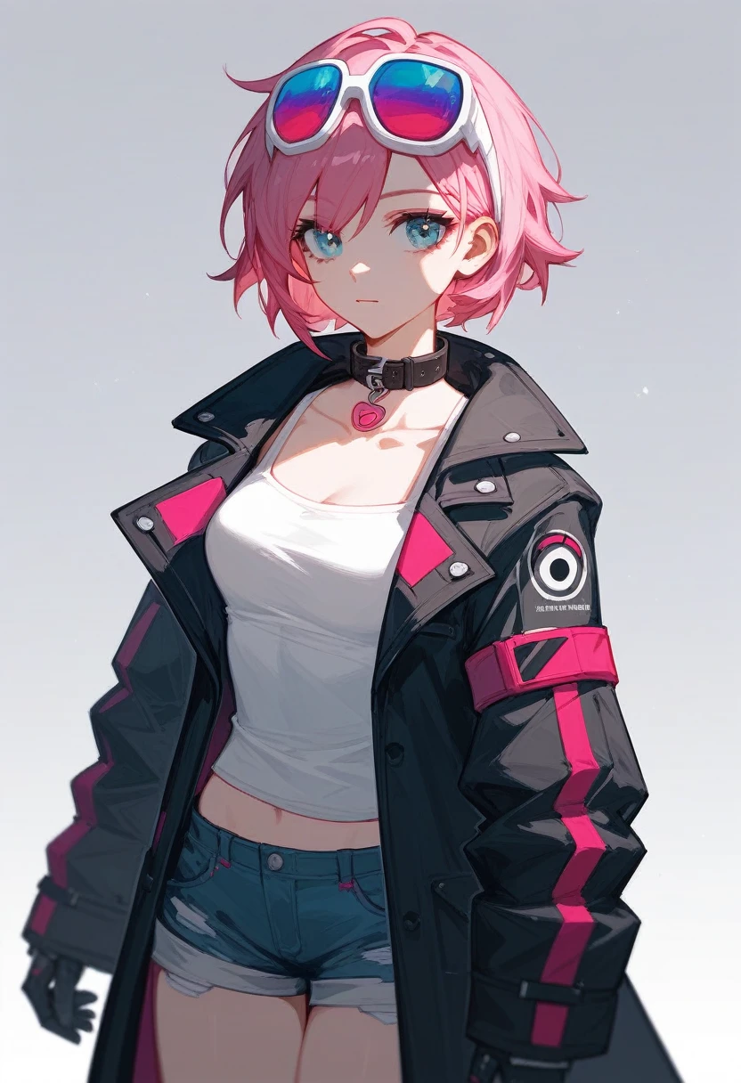 (Fraction_9,Fraction_8_Direction_7_up),1 Woman,Half Body,Pink Hair、short hair,Black coat、White top,Denim shorts,Large bow on the head,官方Role艺术, Role, mechanized valkyrie girl,Neck collar,