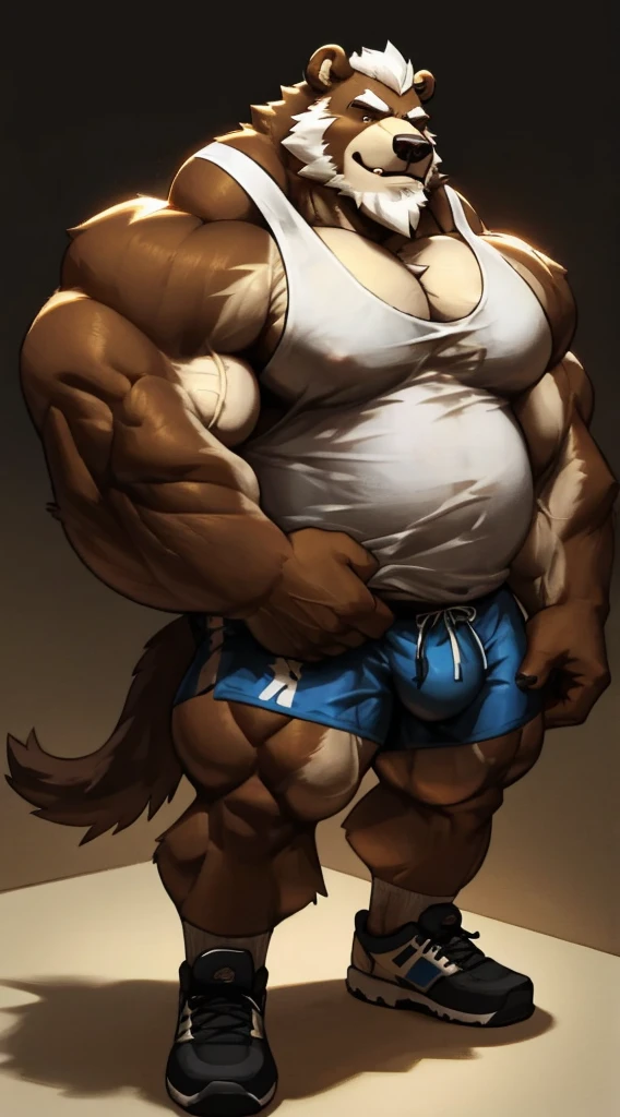 chubby old grizzly bear in nigh street city (wearing white gym shorts and white tank top, gym shoes), furry bear, hyper muscle, hyper muscular, hyper pecs, hyper pectoral, absurdly muscular, absurdly muscle size, flare lights, brown fur, bur background, old man, thick arm, huge arm, bearded. White hair and long beard, bearded, muscular, pectoral, wide pectoral, large pectoral, realistic, 8k, masterpiece,