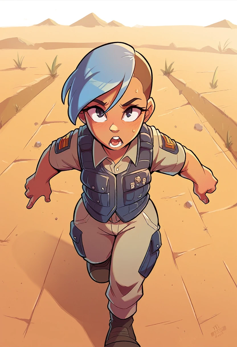 A woman wearing military clothing with a bulletproof vest is running in the desert, pov from above