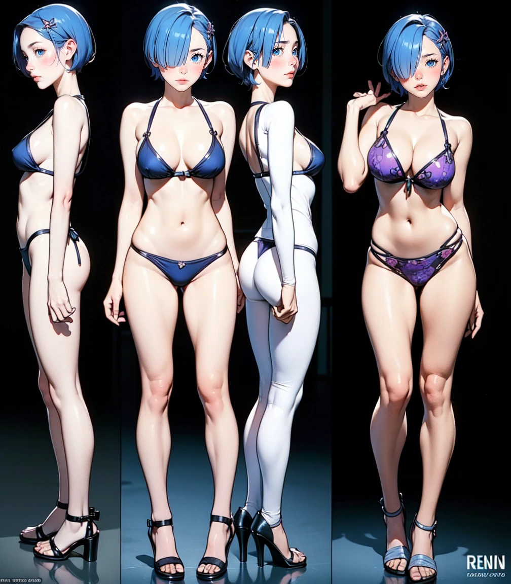 Masterpiece, best quality, 16k resolution, NVIDIA RTX Ray Tracing technology, Create a 4K resolution, ultra-realistic, and extremely detailed artwork, award winning, retina, soft light, sharp focus.(hyper-realistic:1.4) , (full body:1.5), (((solo)))

Rem from rezero, (remrin), blue hair, short hair, (hair over one eye:1.3), blue eyes, Nlue bikini, detailed bikini

looking at viewer, strongly ashamed, embarrased, blushing, epic, cinematic, dramatic, reflective, shining, purple glow, big breasts, cleavage, sexy, modeling pose, turned

smooth perfect skin, smooth_skin

Beautiful、(red blush)、big breasts, 

FULL BODY SHOT, ultra wide angle, textured skin, face detail, clean skin, perfect hands, perfect anatomy, anatomically correct