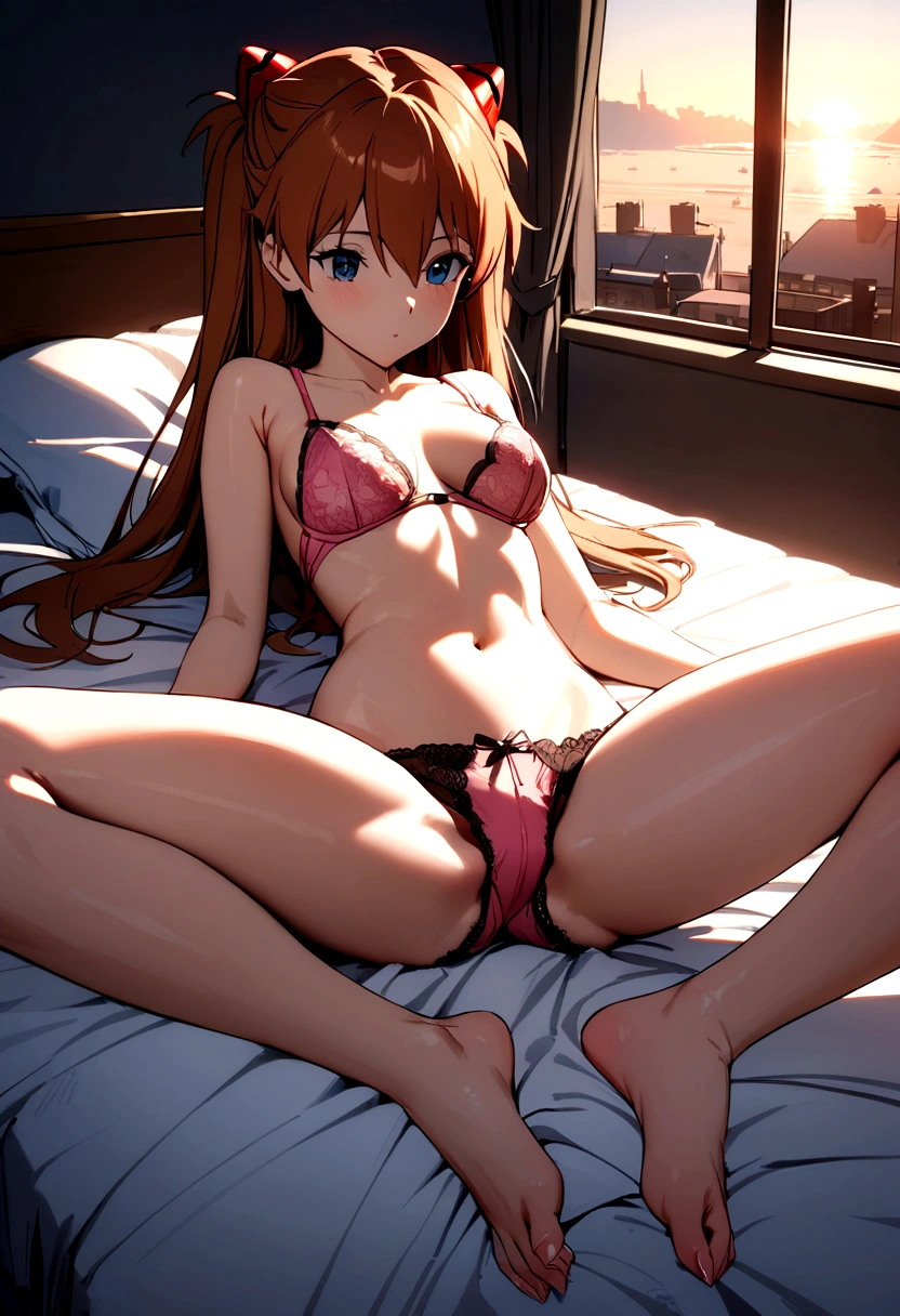 a girl lying in bed, asuka Langley, Pink lace bra, top-less, medium breasts, lace boyshorts, soaks, spread legs, sexy legs, nice legs, perfect body, detailed, Masterpiece. bedroom, sunrise