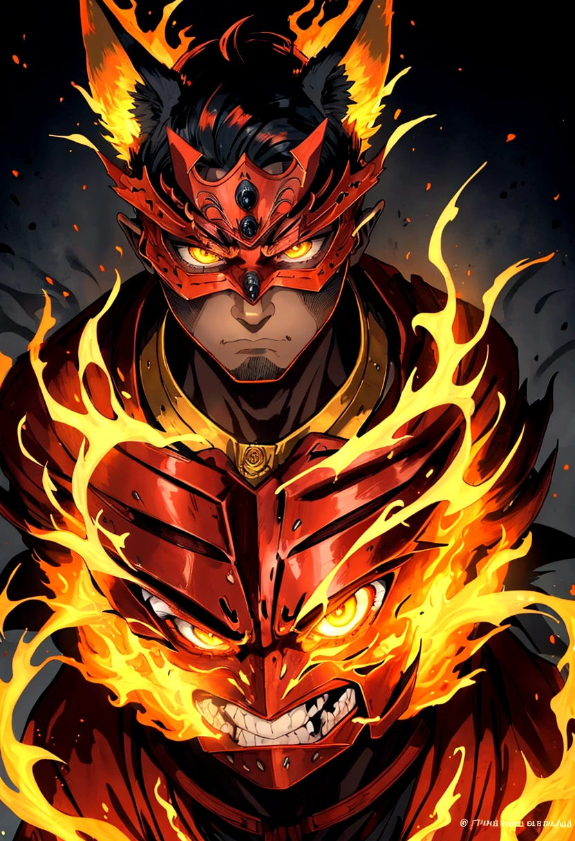 Man of Fire, chilling look fire mask, fox ears and lava claws, animal ears, furrowed brow, clenched teeth, UHD, masterpiece