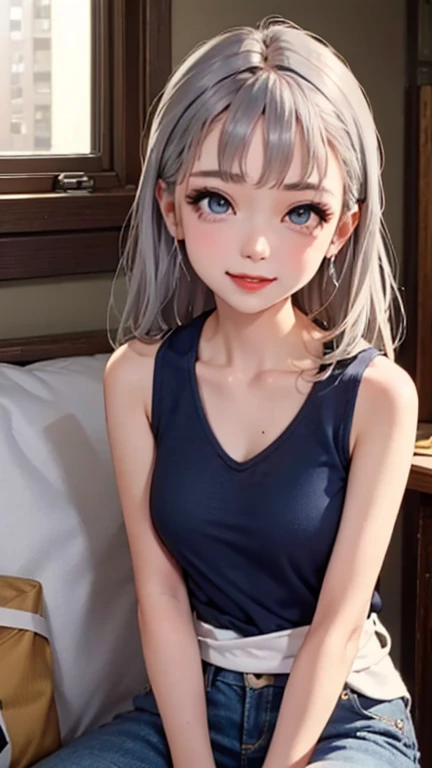 blush a little and smile, (Top quality masterpiece:1.2) Delicate illustrations, Very detailed, /Beautiful Japanese Women、1 person,Very cute and slim、Great style 、((8K images、super high quality))、Very delicate face, Skin and Hair、beautifule forehead、Red lipstick、(((((Mid-length hair、Silver Hair、lure))))),Very cute Japanese cut face、Eyes and nose are clearly visible、Kind eyes,((((Sleeveless fashion))))