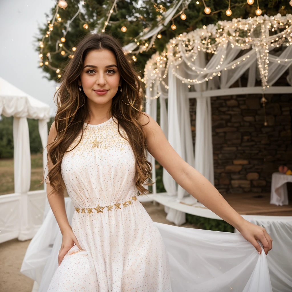 Caseyli, 1girl, solo, 30 years old, (Georgian face), (Georgian nose), (Georgian lips), (((wide hips))), (((dark blonde hair))), wavy medium hair, upper body and upper legs, (((wearing white starry dress))), background: posing outside the gazeboo, smirking, leaning, ((peach body)))