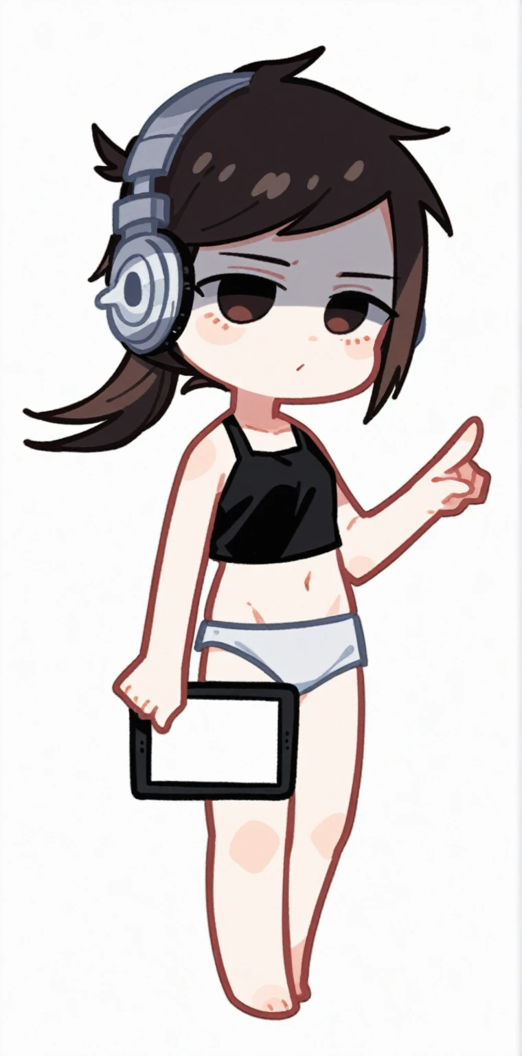 cartoon girl with headphones and a tablet pointing at something, full body!, in an anime style, full_body!!, ecchi anime style, with headphones, with head phones, chibi style, cel shaded!!!, unknown artstyle, thicc, jaidenanimations, chibi, anime moe artstyle, holding a pudica pose