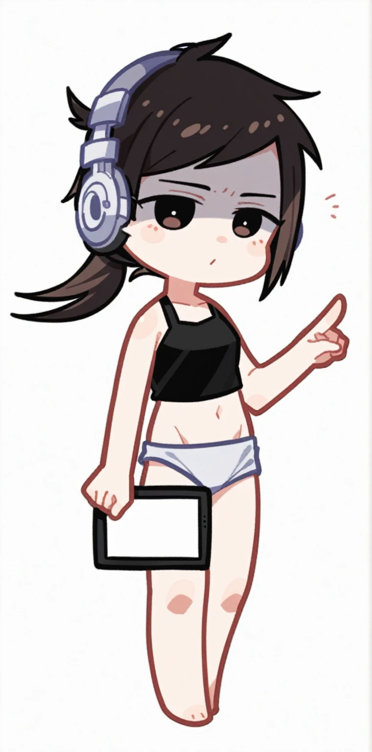 cartoon girl with headphones and a tablet pointing at something, full body!, in an anime style, full_body!!, ecchi anime style, with headphones, with head phones, chibi style, cel shaded!!!, unknown artstyle, thicc, jaidenanimations, chibi, anime moe artstyle, holding a pudica pose