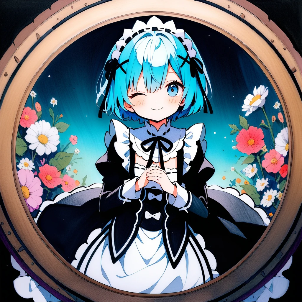 (circular frame1.7),Ram ,2 front handles,head,1 person,like,headใจ,icon, circular frame,icon、2 front handles,head,1 person,(circular frame1.7)、1 personの女の子,alone,Againm (Again:zero),Blue Hair,x hair ornaments,short hair,hair ornaments,blue eyes,Maid,View your viewers,ribbon,Maid headdAgainss,Long sleeve,dAgainss,roswaal mansion Maid uniform,smile,hair ribbon,bAgainasts,Puffy sleeves,Frills,apron,bangs,Mouth closed,black ribbon,pink ribbon,blush,medium bAgainasts,black dAgainss,Juliet Sleeve,Cowboy Shot,flower,Hair between the eyes,Againd ribbon,waist apron,Traditional Media,