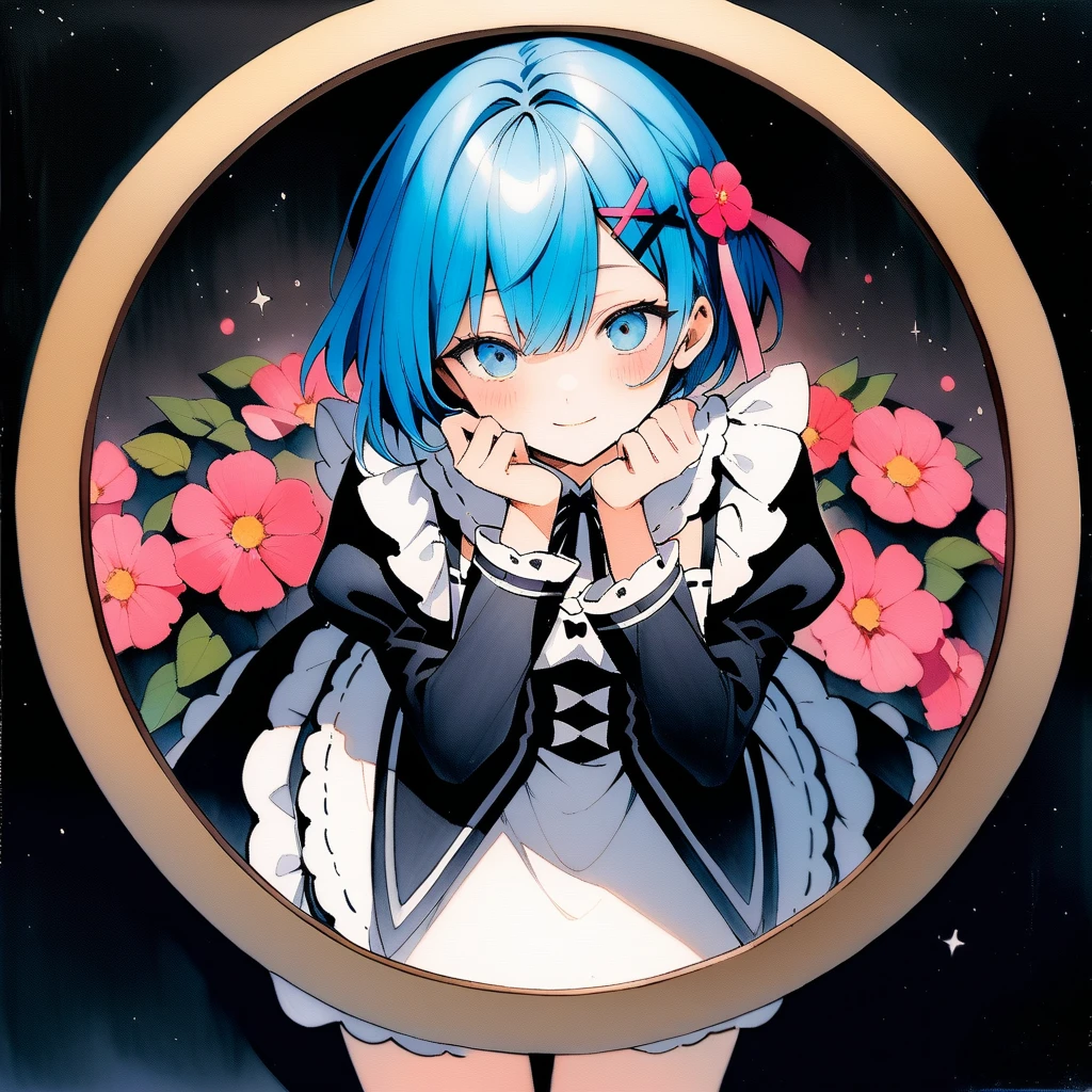 (circular frame1.7),Ram ,2 front handles,head,1 person,like,headใจ,icon, circular frame,icon、2 front handles,head,1 person,(circular frame1.7)、1 personの女の子,alone,Againm (Again:zero),Blue Hair,x hair ornaments,short hair,hair ornaments,blue eyes,Maid,View your viewers,ribbon,Maid headdAgainss,Long sleeve,dAgainss,roswaal mansion Maid uniform,smile,hair ribbon,bAgainasts,Puffy sleeves,Frills,apron,bangs,Mouth closed,black ribbon,pink ribbon,blush,medium bAgainasts,black dAgainss,Juliet Sleeve,Cowboy Shot,flower,Hair between the eyes,Againd ribbon,waist apron,Traditional Media,