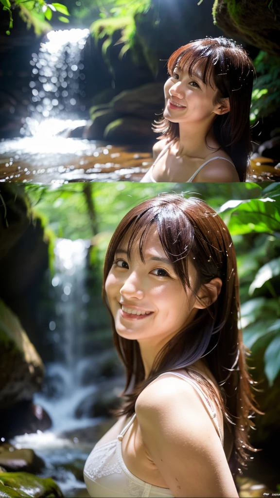 ((最high quality, 8K, masterpiece: 1.3)), (close:0.75), Realistic, Sharp focus, high quality, High resolution, Japanese women、 years old、Middle-aged mature woman face、Chubby body type、Her breasts are huge, measuring 40 inches. {Pure white underwear}, ((Very strong sunlight)), smile, Long Red Hair,She seems embarrassed when the camera is pointed at her in front of a waterfall in the forest.、Images of someone getting completely wet from splashes of water、smileの胸元強調した8K画像、Pubic hair is visible through the water