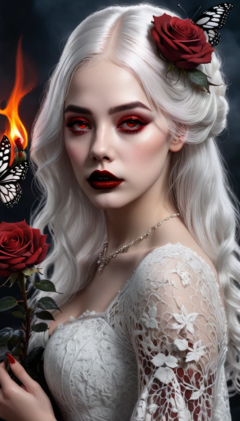 (best quality,4 k,8 k,higher ,masterpiece:1.2),ultra-detailed,(realistic,photorealistic,photo-realistic:1.37),gothic art,girl ,lace dress,thorny rose,creepy,terrifying, dark Red lips , burning butterfly,holding a Rose  , Dark red rose . White hair, wolf on her back side 
