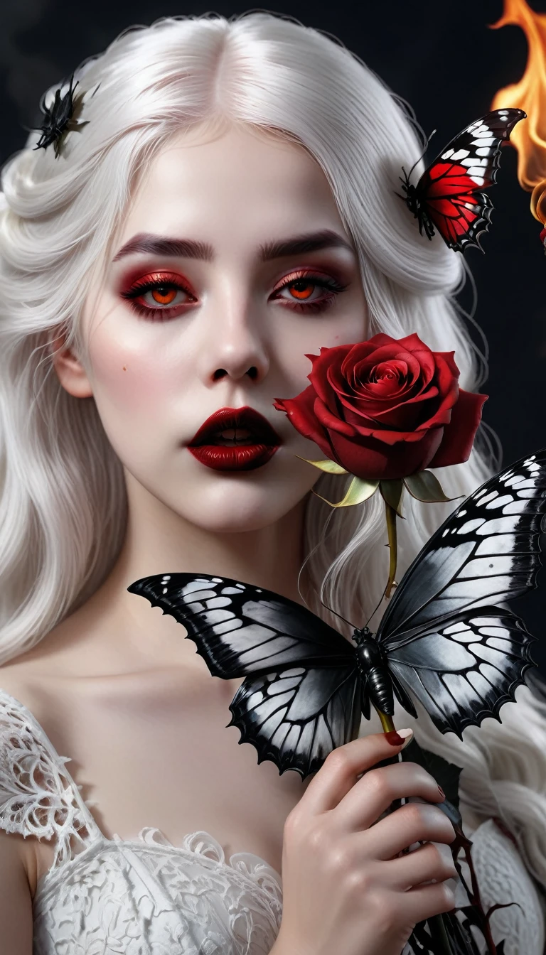 (best quality,4 k,8 k,higher ,masterpiece:1.2),ultra-detailed,(realistic,photorealistic,photo-realistic:1.37),gothic art,girl ,lace dress,thorny rose,creepy,terrifying, dark Red lips , burning butterfly,holding a Rose  , Dark red rose . White hair, wolf on her back side 