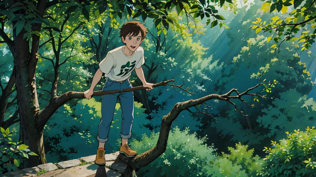 Jack is an eight-year-old boy with tousled brown hair and bright blue eyes. He wears worn-out blue jeans, a bright green t-shirt and sturdy brown sneakers. Jack is halfway up a tall, sturdy tree, his bright eyes sparkling with excitement and determination. The tree is lush with green leaves, and its branches spread out wide, providing plenty of handholds and footholds. Jack's hands grip a thick branch above him, while one of his feet is securely placed on a lower branch. Sunlight filters through the leaves, casting dappled shadows on Jack and the tree trunk. In the background, a peaceful village can be seen with charming houses and cobblestone streets, along with a clear blue sky overhead. Jack's joyful expression and adventurous spirit are evident as he climbs higher, exploring his surroundings from a new vantage point.