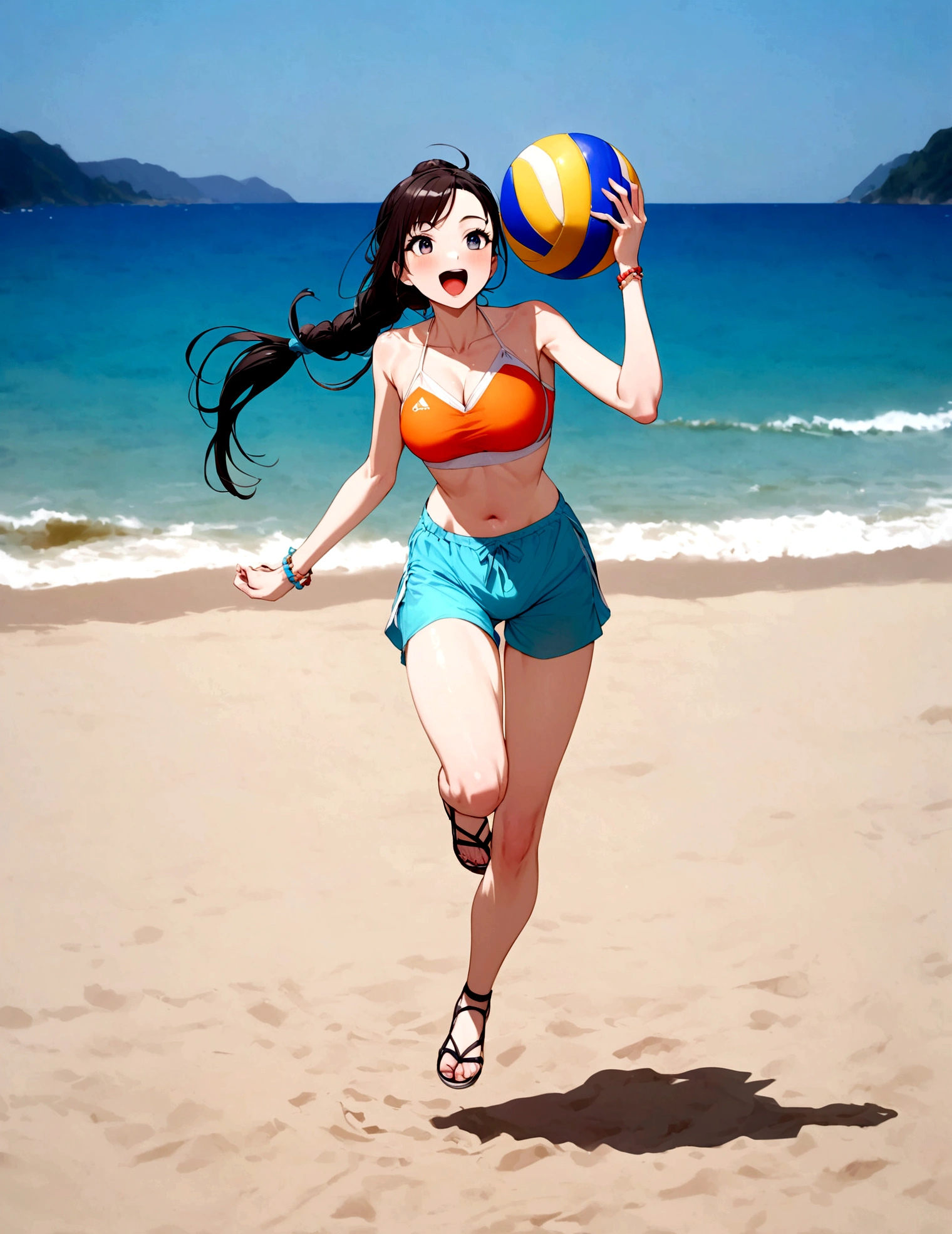 A cute woman is playing volleyball in a sensible beach outfit, high action, having fun