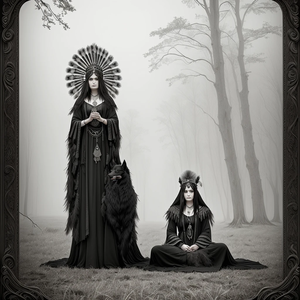 A mystical shaman figure in a misty forest setting, wearing an elaborate headdress made of black and white feathers. The figure is dressed in dark clothing with intricate patterns. They are sitting on the ground, surrounded by tall grass and foggy trees in the background. A border collie dog with black and white fur is resting beside the shaman. The overall atmosphere is ethereal and mysterious, with a muted color palette dominated by greys, blacks, and whites. The lighting is soft and diffused, creating a dreamlike quality to the scene.