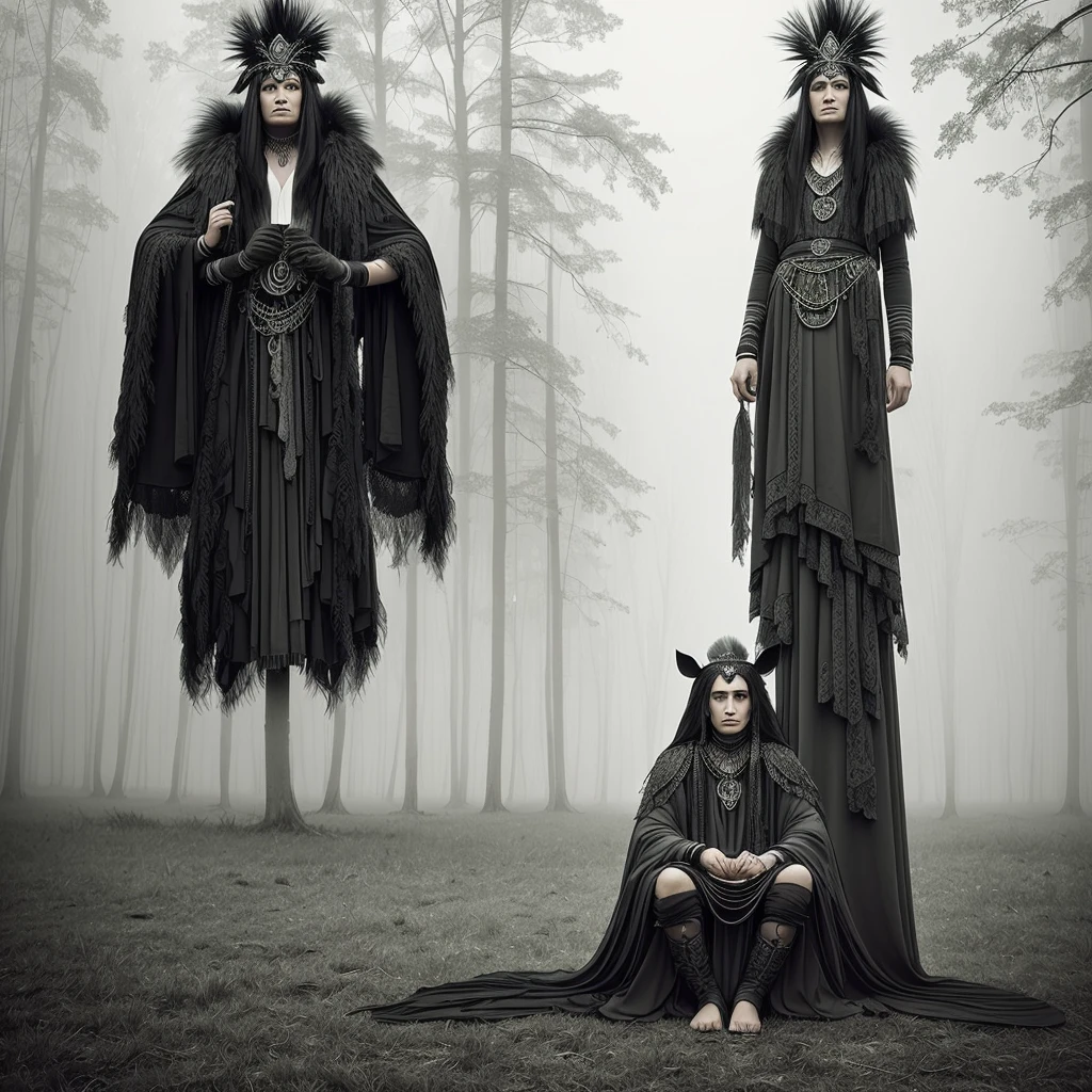 A mystical shaman figure in a misty forest setting, wearing an elaborate headdress made of black and white feathers. The figure is dressed in dark clothing with intricate patterns. They are sitting on the ground, surrounded by tall grass and foggy trees in the background. A border collie dog with black and white fur is resting beside the shaman. The overall atmosphere is ethereal and mysterious, with a muted color palette dominated by greys, blacks, and whites. The lighting is soft and diffused, creating a dreamlike quality to the scene.