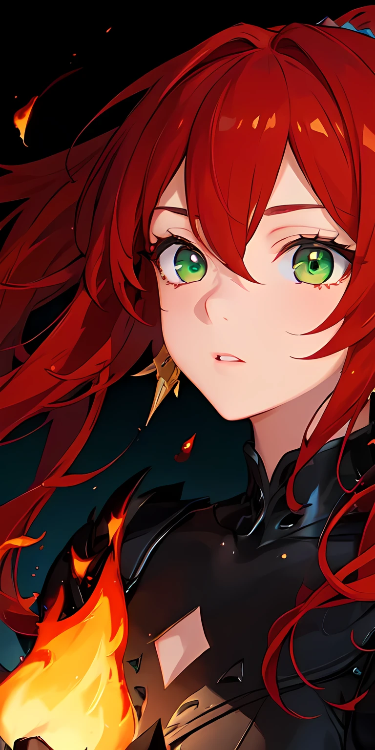 (masterpiece, best quality, Extremely detailed, The best shadow), (Detailed background,Dark Fantasy), (Beautiful and delicate face), High contrast, (Optimal lighting, Extremely delicate and beautiful), ((light)), rich and colorful, Ultra Detail, Dramatic Light, Intricate details, (1 girl, Solitary,Red hair, Pointed face,Low double ponytail,Green Eyes, Hair between the eyes,Dynamic Angle), Blood splatter, Black light swirling around the character, Depth of Field,Black light particles,Flame,