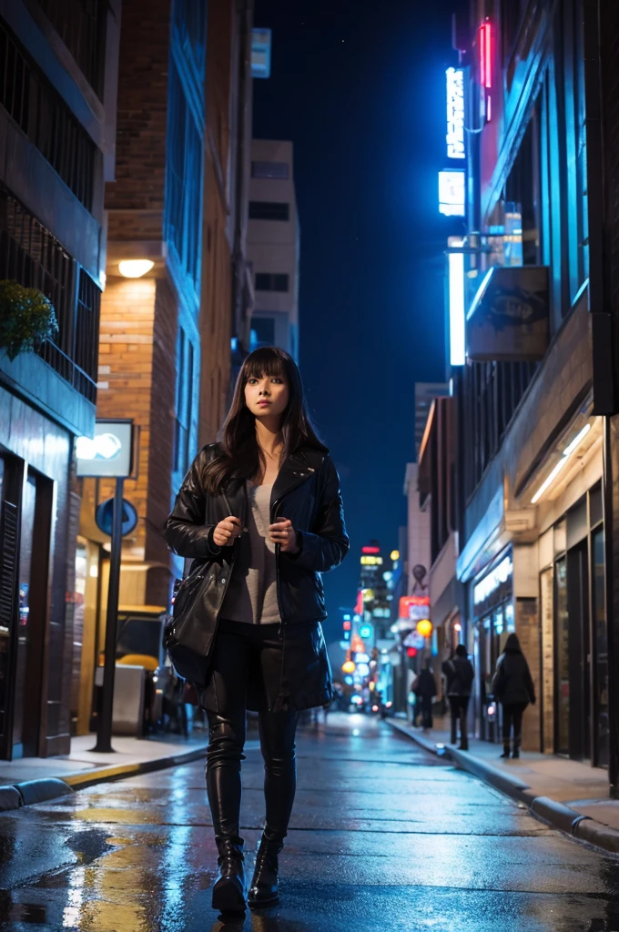 A beautiful psychic walking through a futuristic downtown area at night