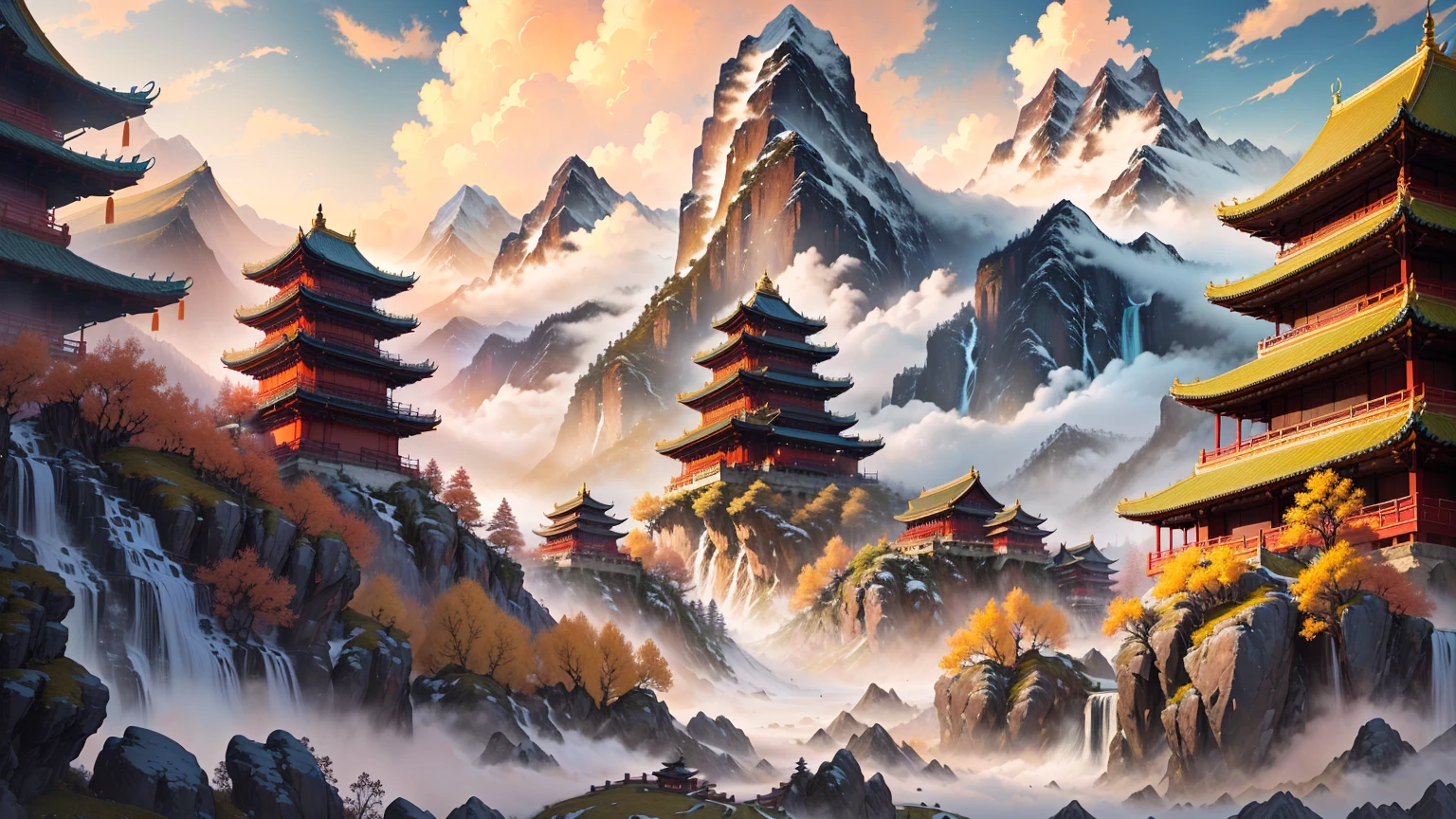 mountains and pagodas in a painting style with a waterfall, detailed scenery —width 672, chinese landscape, beautiful art uhd 4 k, 8k high quality detailed art, 3840 x 2160, 3840x2160, chinese fantasy, detailed painting 4 k, by Yang J, dreamy chinese town