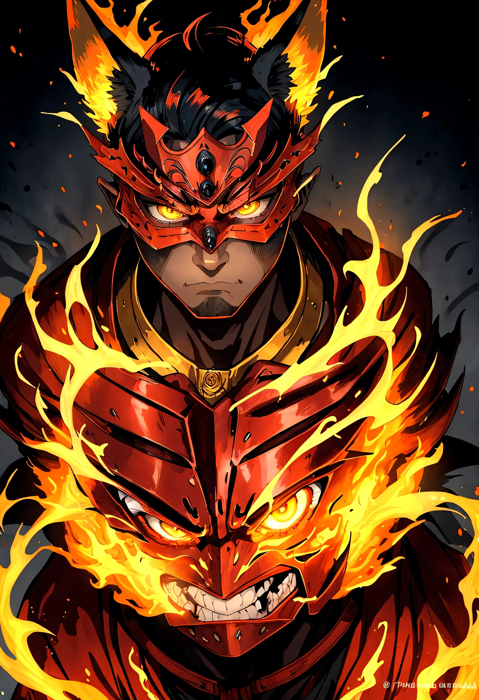 Man of Fire, chilling look fire mask, fox ears and lava claws, animal ears, furrowed brow, clenched teeth, UHD, masterpiece