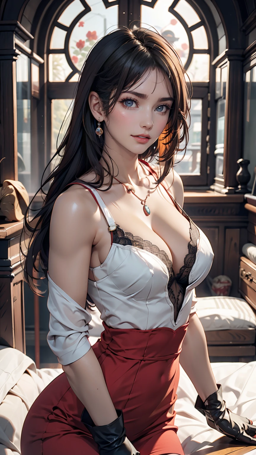 24 year old Caucasian female、blue eyes、Sexy proportions、Sexy、A mask used at masquerade balls that covers only the eyes、Bright red lipstick、Bewitching Smile、Wear a lace-embellished dress that reveals the décolletage、Put on long gloves、Long eyelashes、necklace、ring、