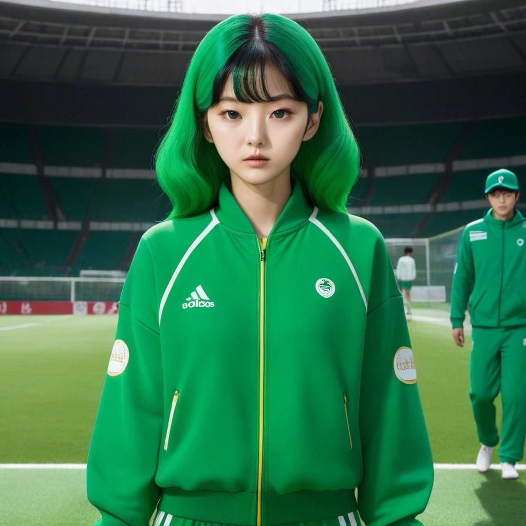 Kang Sae-byeok, Hoyeon Jung, squid game, player 067, wearing a green tracksuit