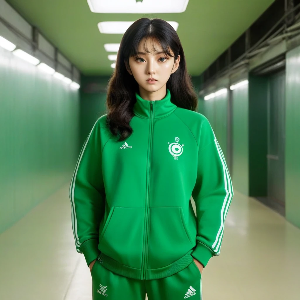 Kang Sae-byeok, Hoyeon Jung, squid game, player 067,  wearing a green tracksuit
