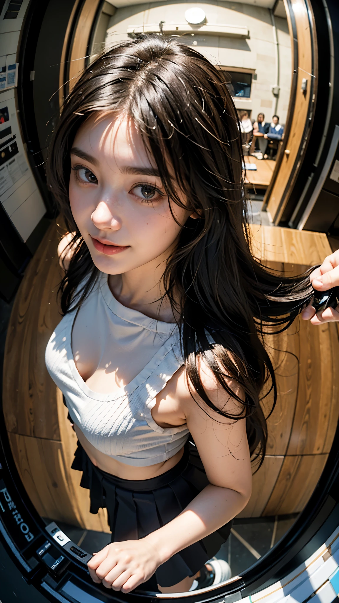 Highest quality, masterpiece, Ultra-high resolution,8K, (Realistic:1.6), (Make-up portrait:1.4) RAW Photos, Soft looking breasts,((Jet black blue mini skirt fashion)),((Up Facial)),((k-popアイドルメイク)),One girl,(smile, Showing teeth)), 26 talents,((Long hair side parting hairstyle)),((Looking up at the audience)),Face Focus:1.4,((Shooting from above with a fisheye lens:1.4)),