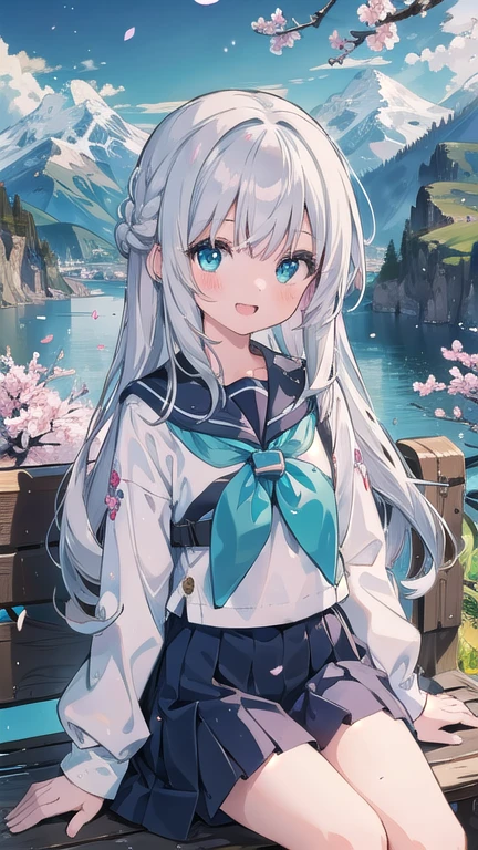(masterpiece), landscape, Mountain horizon, Cherry blossoms, petal, Light Particles, Upper Body, 1 Girl, sailor, curls, Flowing hair, Smile, sit, open mouth, Light Particles, Silver Hair, Aqua eyes, Looking at the audience, Face Focus