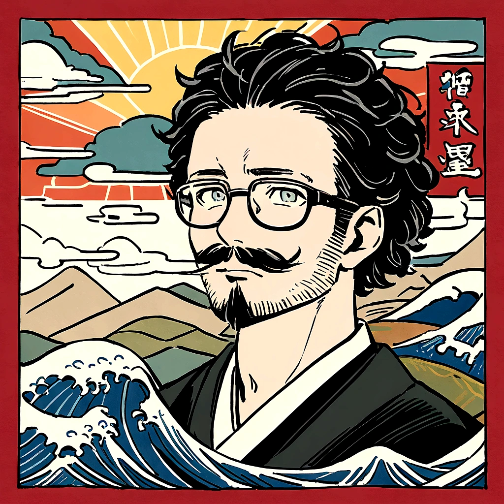 Carton packaging：rice，Yamakawa，rios，rays of sunshine，Epic composition，shadowing，National style，A very detailed ukiyo-e style illustration，A masterpiece with packaging design，Layered composition，Calm and pastel palette - AR 3:4-upbeta-s 750-style original, man, with stubble, short beard, short mustache, Beard scum, slightly curly hair, and black square plastic-framed glasses