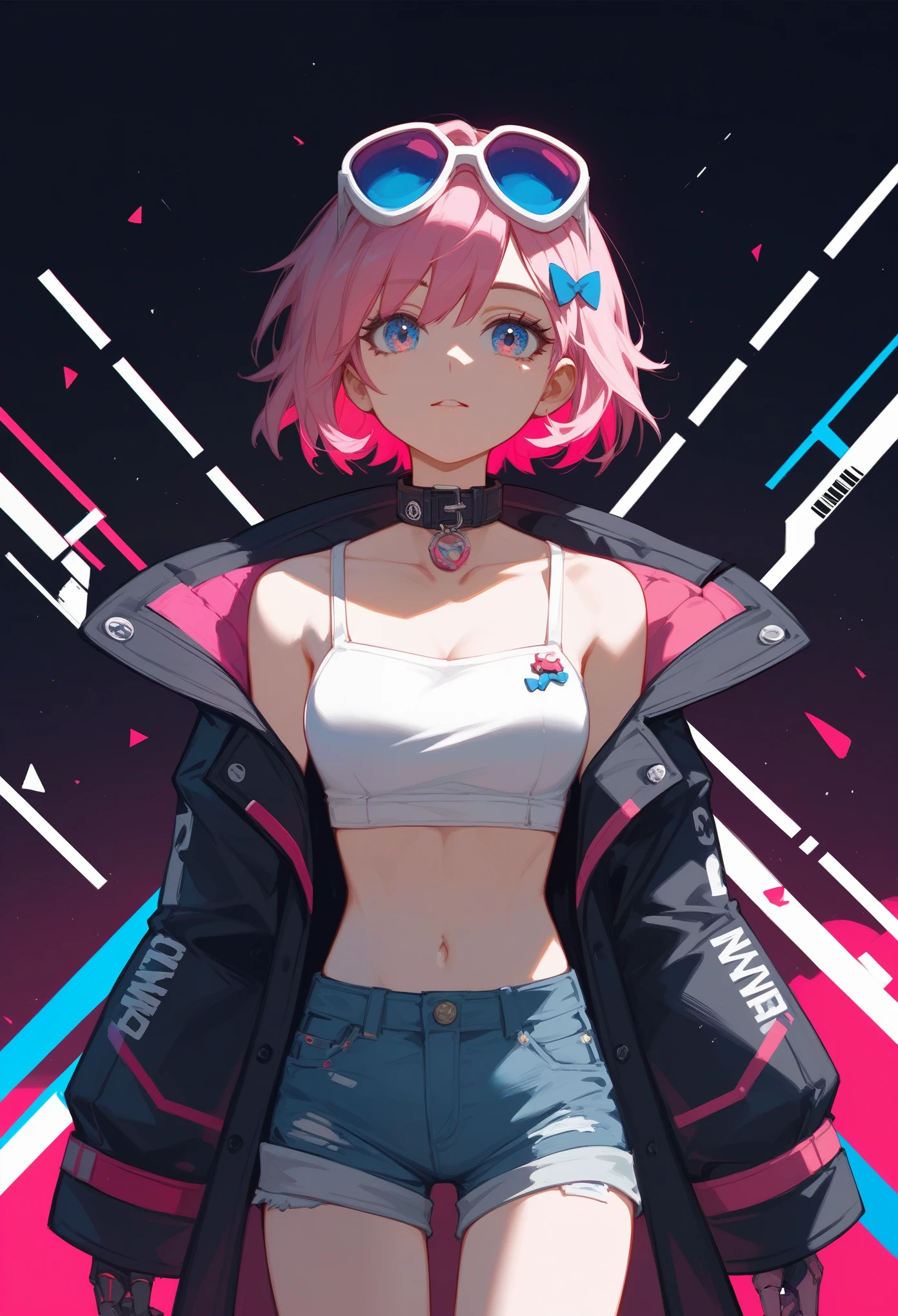 (Fraction_9,Fraction_8_Direction_7_up),1 Woman,Half Body,Pink Hair、short hair,Black coat、White top,Denim shorts,Large bow on the head,官方Role艺术, Role, mechanized valkyrie girl,Neck collar,