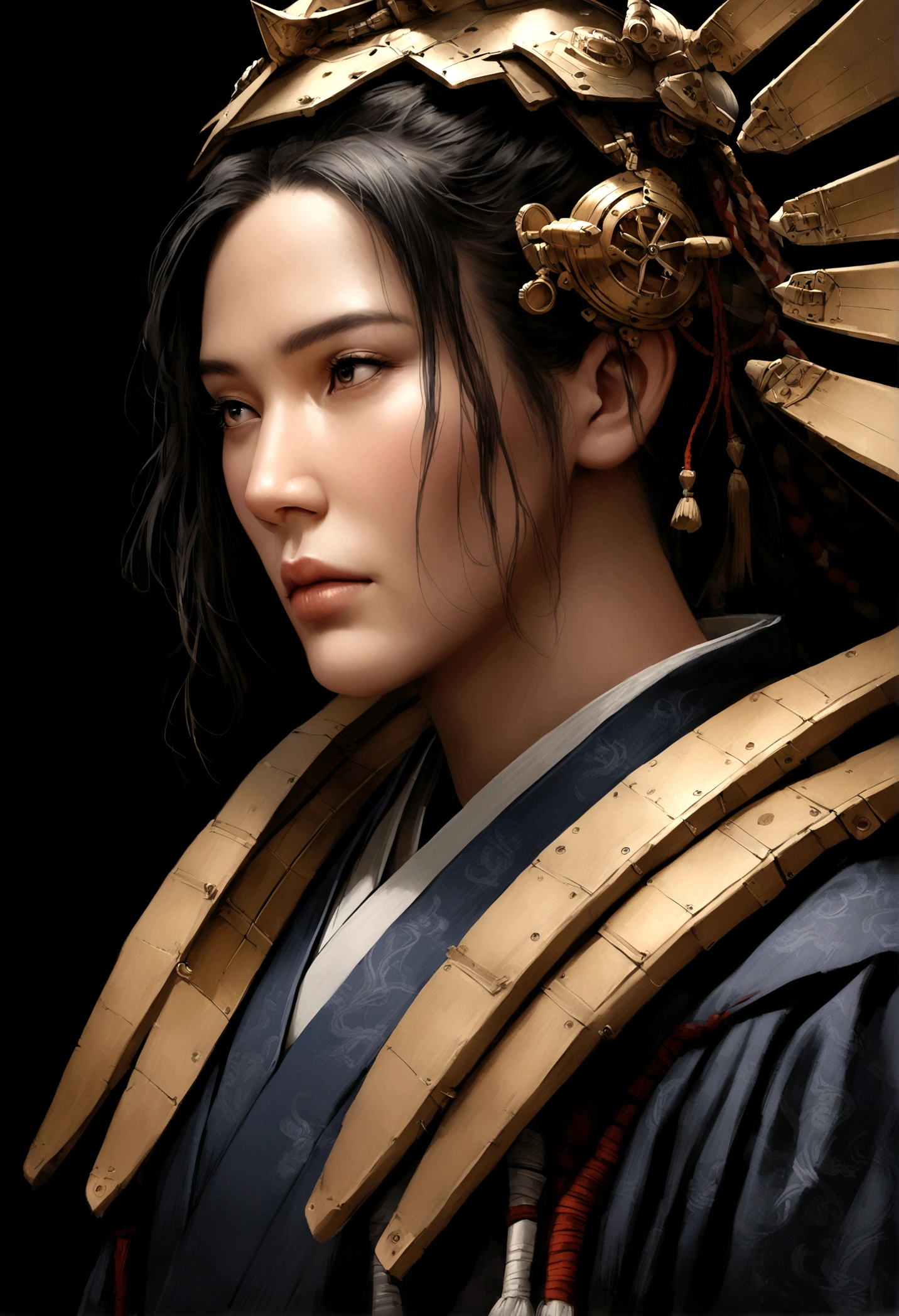 Samurai in a dark blue kimono, Flight Components, Dark background, Realistic, I