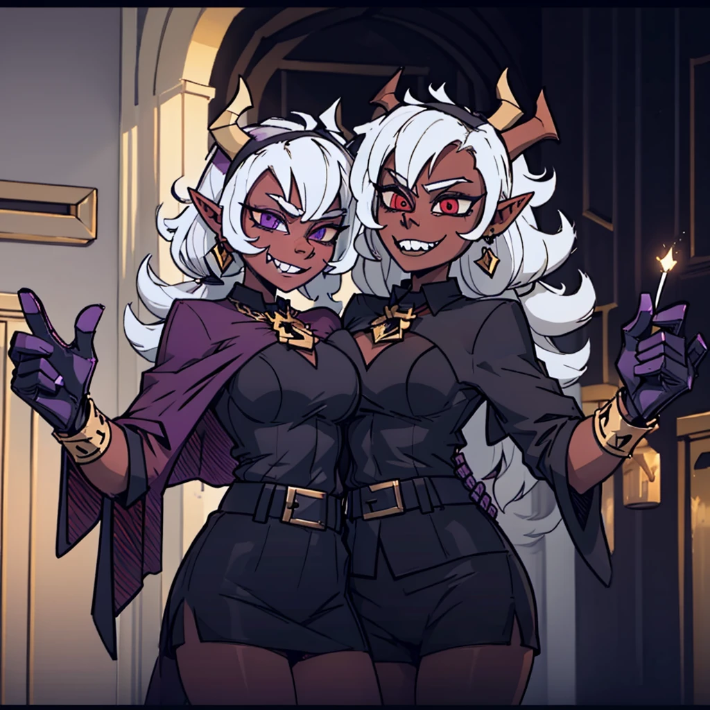 Elfa gato linda surreal, cabelos muito ruivos e detalhados, rosto detalhado, grandes chifres de demonio, gorda, corpo inteiro, grandes olhos, nariz longos e pontudos, colettetrixie, sharp teeth, hair over one eye, hairband, demon horns, colored sclera, purple shirt, purple shorts, demon wings, frieren, 1girl, long hair, pointy ears, twintails, jewelry, elf, earrings, capelet, white capelet, long sleeves, parted bangs, dress, belt, flower, pomni, gloves, puffy short sleeves, red eyes and blue eyes, striped, very big tits, very very big ass, 8k