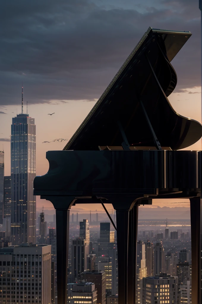 Create a detailed illustration of a vast urban landscape with numerous buildings. In the distance, on the rooftop of one of the buildings, there should be a girl playing the piano.
The scene should include:
A wide view of a cityscape with a mix of architectural styles.
Tall skyscrapers and smaller buildings creating a dynamic skyline.
The girl on a rooftop in the distance should be clearly visible, playing a grand piano.
The atmosphere should be serene and slightly melancholic, perhaps with the sun setting or under a twilight sky.
Optional elements: soft lighting from the buildings' windows, a few birds in the sky, and gentle ambient city lights.
The overall mood of the image should evoke a sense of calm and beauty amidst the urban environment.