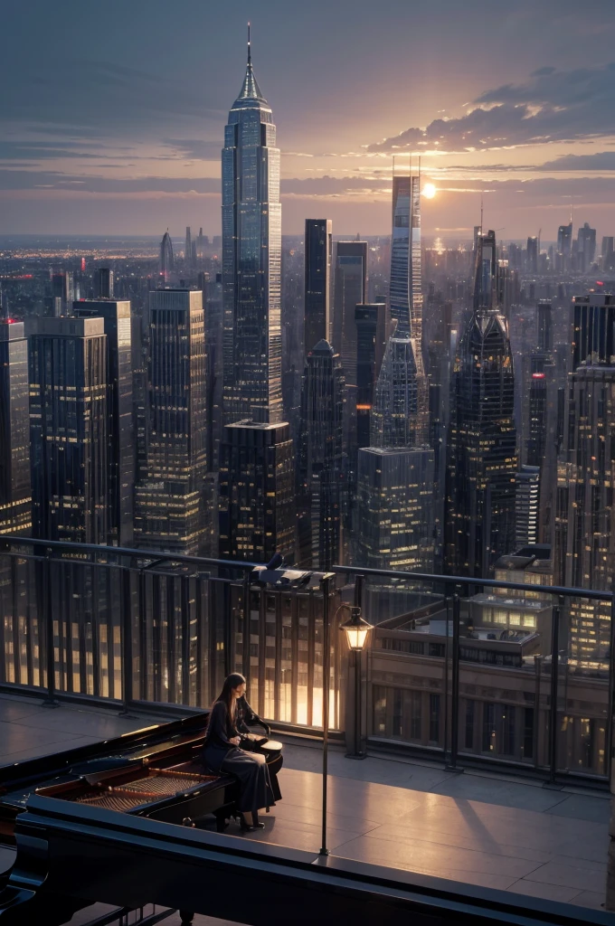 Create a detailed illustration of a vast urban landscape with numerous buildings. In the distance, on the rooftop of one of the buildings, there should be a girl playing the piano.
The scene should include:
A wide view of a cityscape with a mix of architectural styles.
Tall skyscrapers and smaller buildings creating a dynamic skyline.
The girl on a rooftop in the distance should be clearly visible, playing a grand piano.
The atmosphere should be serene and slightly melancholic, perhaps with the sun setting or under a twilight sky.
Optional elements: soft lighting from the buildings' windows, a few birds in the sky, and gentle ambient city lights.
The overall mood of the image should evoke a sense of calm and beauty amidst the urban environment.