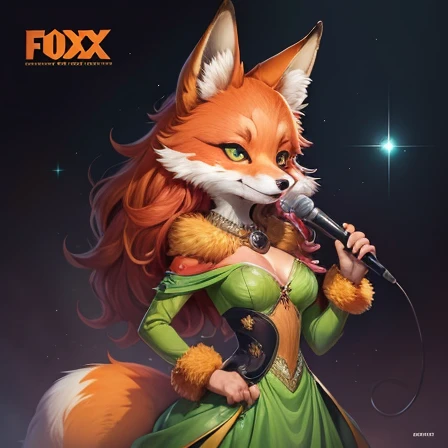 Drawing of an anthropomorphized fox with orange fur, long red hair, expressive green eyes, wearing a sparkly dress and holding a microphone album cover