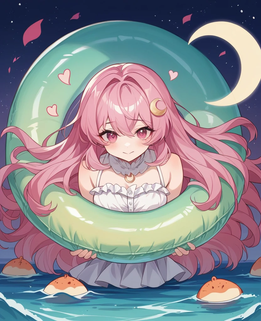 (masterpiece, best quality:1.2), (absurdres, highres, ultra-detailed), (perfect anatomy),
Beautiful woman、Night Pool、Riding on a cute float、Pink Hair、Fluffy longhair、Pink Eyes、Background glitter、night、Crescent Moon、heart、White frilly swimsuit
(8K, RAW photo:1.2),detailed face and eyes,intricate detail ,masterpiece ,sharp focus, high quality,BREAK,rating: general, newest
