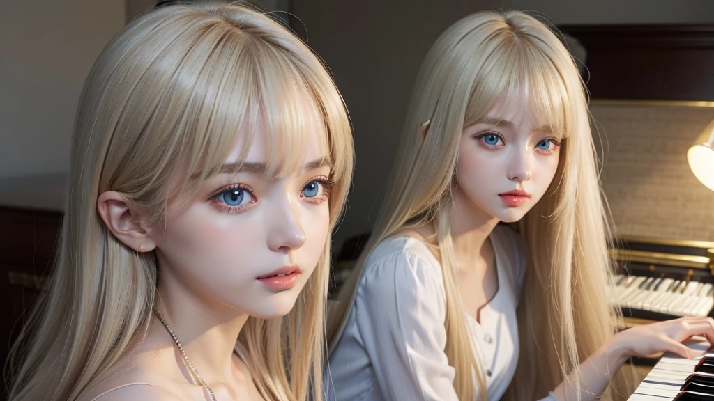 playing piano.silky shiny skin、22 year old cute sexy little beautiful face、Hair glows in front of a cute face、long silky bangs covering the eyes、pale light blue eyes、Young woman super long blonde shiny golden bright straight hair、with round face、Small face beauty、big eye、bright expression、The dress、Even big in clothes