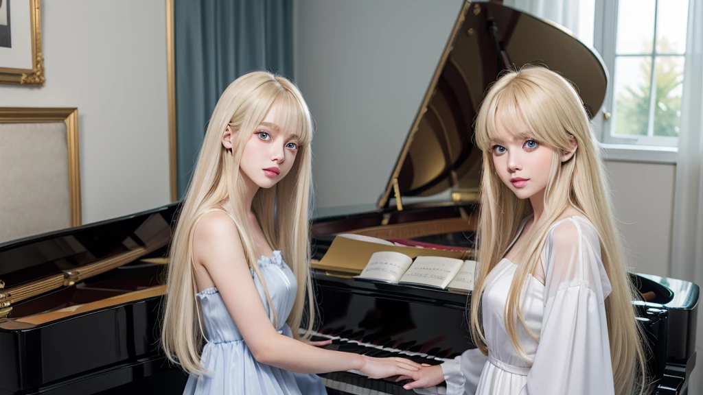 playing piano.silky shiny skin、22 year old cute sexy little beautiful face、Hair glows in front of a cute face、long silky bangs covering the eyes、pale light blue eyes、Young woman super long blonde shiny golden bright straight hair、with round face、Small face beauty、big eye、bright expression、The dress、Even big in clothes