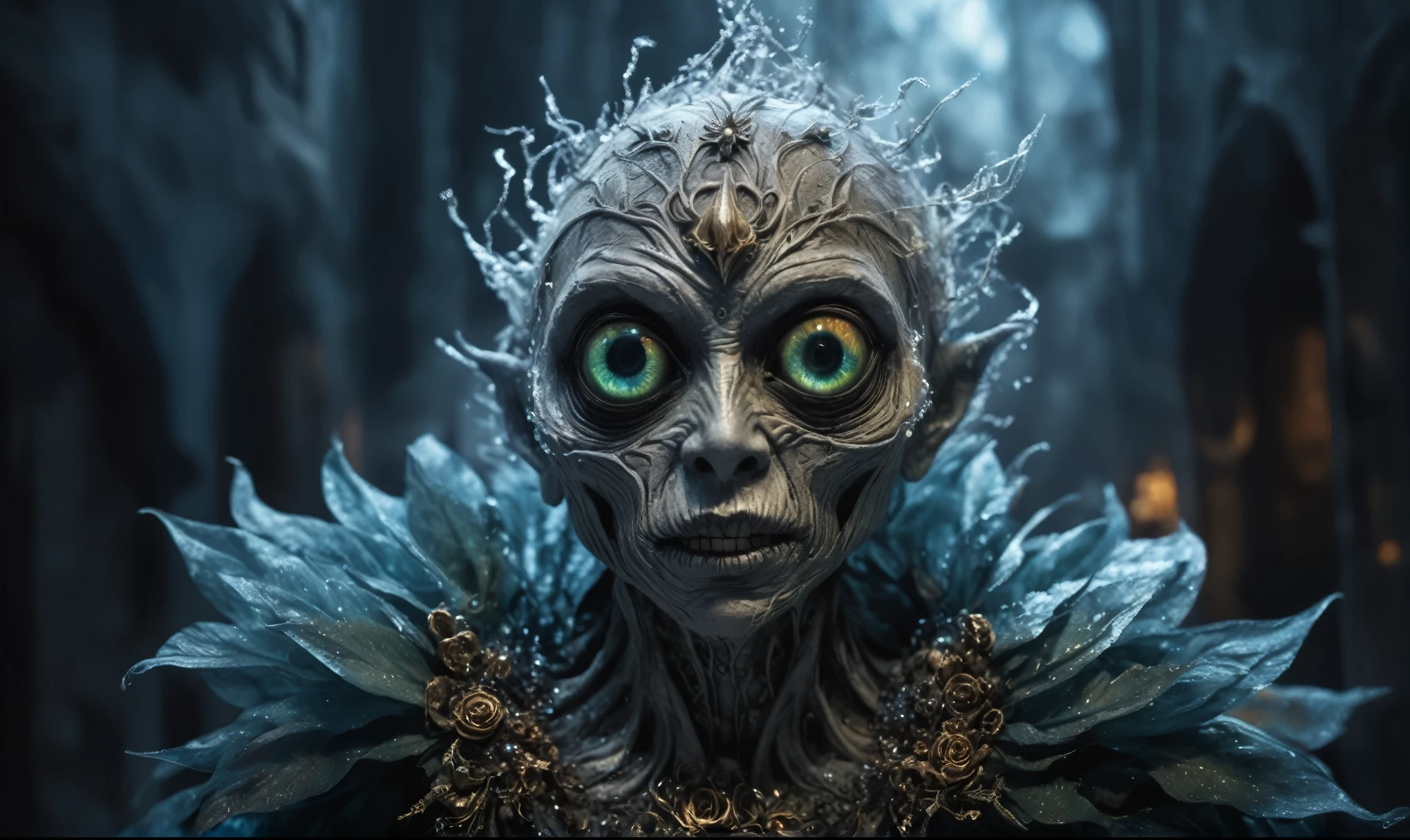 Magical plant ghost flower, ghost flower,carismatic，Incredible，terror ,extremely detailed,intricate details,big eyes extremely detailed, high detailed eyes,16k resolution, realistic humid skin,extremely intricate details,Epic Realistic,face anatomically correct,Ultra HD,HDR, natural skin textures, hyper realism,realistic skin texture, hyper detailed,extremely Realism,Ultra Detailed,body logically correct,full body length shot,beggar graphite Manganite sparas, wants eat,survival in criminal city of future,Cinematic,soft colors, Technicolor,natural skin textures, hyper realism, hyper detailed,Extremely detailed,High contrast,Masterpiece,Realistic,Ultra Detailed, intricate details,realistic humid leather,extremly intricate,Epic Realistic, cinematic style,irina yermolova,high contrast,hdr,extremely detailed, [deep night landscape],masterpiece,intricate details,faded,eyes extremely detailed, high detailed eyes,16k resolution,RAW,retina, Nikon Z9,Songbird,orc,Guangxi Zhuang of China,tkt style, Pisces,perfect, ginger，transition between two art styles, Ink painting to photorealism, Double contact, X-ray, Creative, vivid light, masterpiece, fantasy, Abstract, Surrealism, super detailed, high resolution, stop:35,(((creature with a spectral and ghostly appearance)). Her skin is pale, almost translucent.wears dark, torn clothes that float around him, as if permeated by an aura of mourning. Its appearance is complemented by details such symbols of gothic elements, further emphasizing its dark air. is haunted and tormented entity,pixar movie still,Silver-gold long hair with bangs、Aquamarine Eyes,matte silver sequined dress,Mestichino,Light particles,chaos