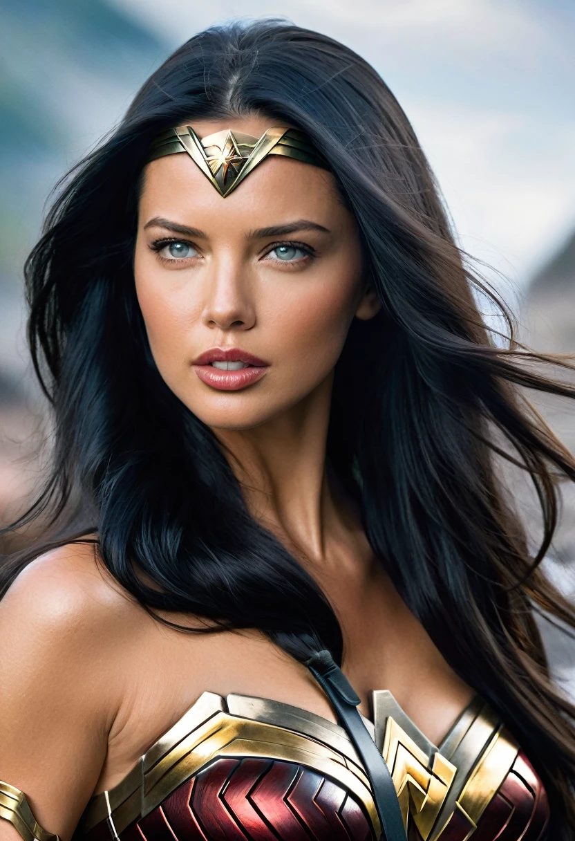 (((Extreme close-up Adriana Lima (((long black hair)))under the mantle of the Amazon warrior Wonder Woman Diaema Wonder Woman frontal images color images Splash))),(((kim basinger))),(((black hair Largo))),(((black hair)))